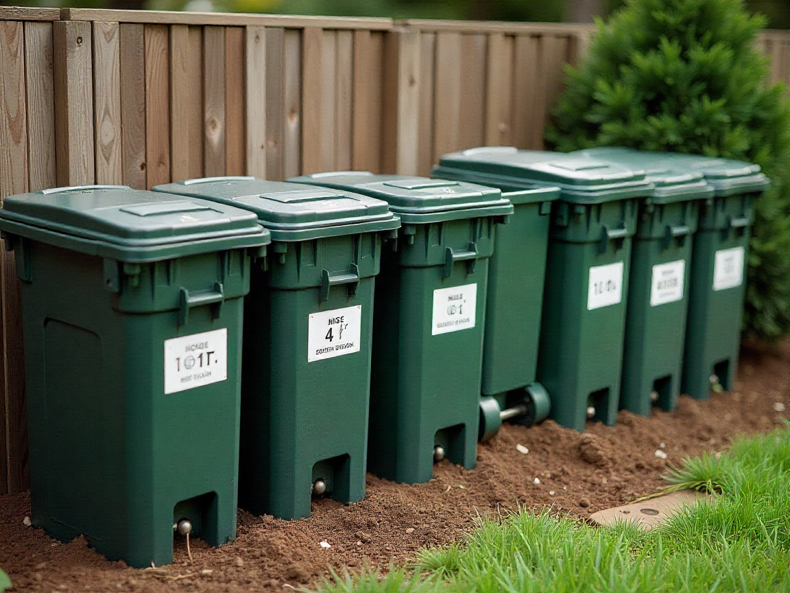 Well-organized backyard composting system with three-bin setup